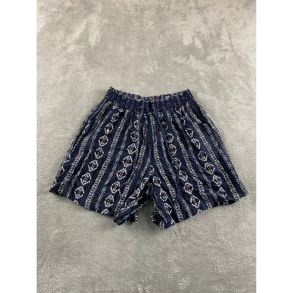 Sound Style Beau Dawson Women Large Navy Linen Blend Southwestern Smocked Shorts